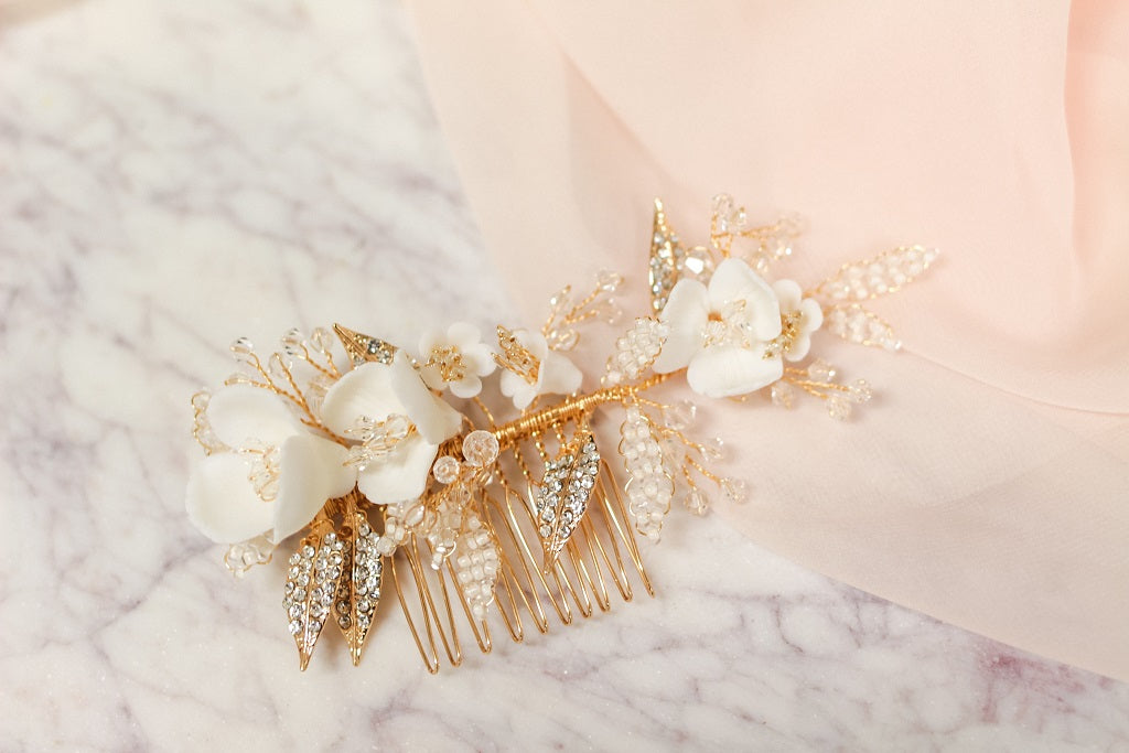 BLUEBELL COMB SET: Ivory and Gold Floral Hair Combs