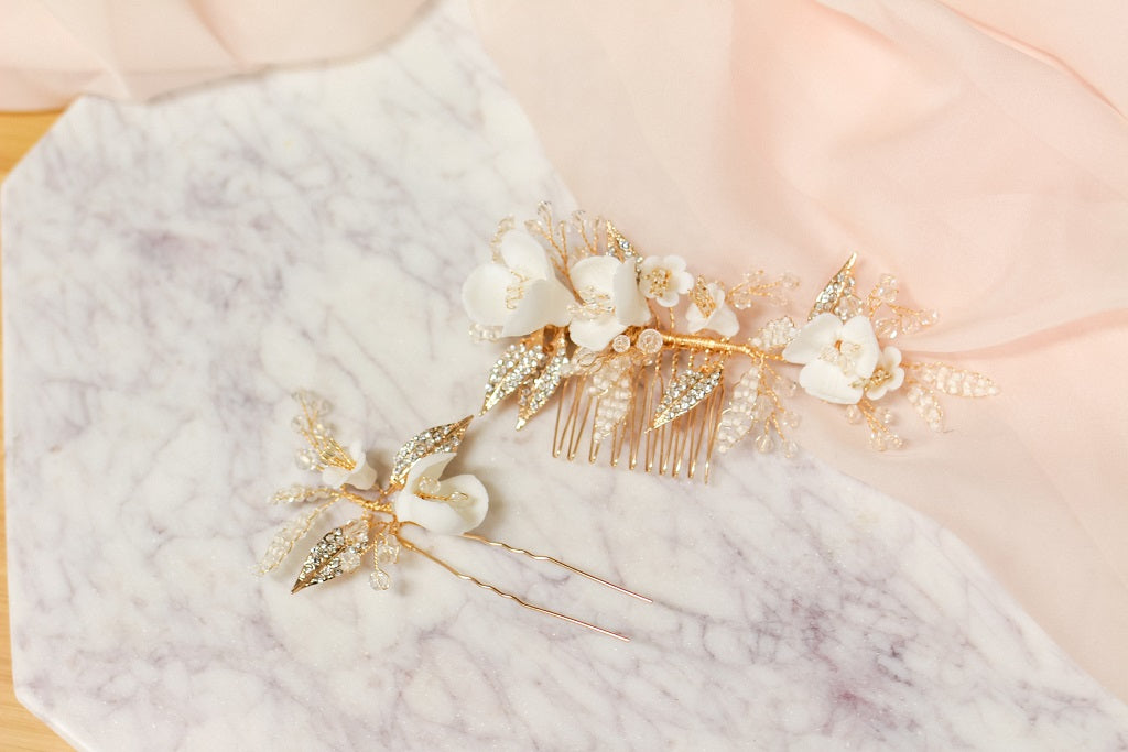 BLUEBELL COMB SET: Ivory and Gold Floral Hair Combs